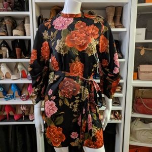 Zara Floral Print Black Pink Belted Mini Dress